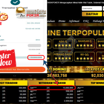 Bukti Withdraw ( 13.000.009.- ) Member Setia Mutiarapoker