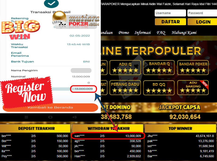 Bukti Withdraw ( 13.000.009.- ) Member Setia Mutiarapoker