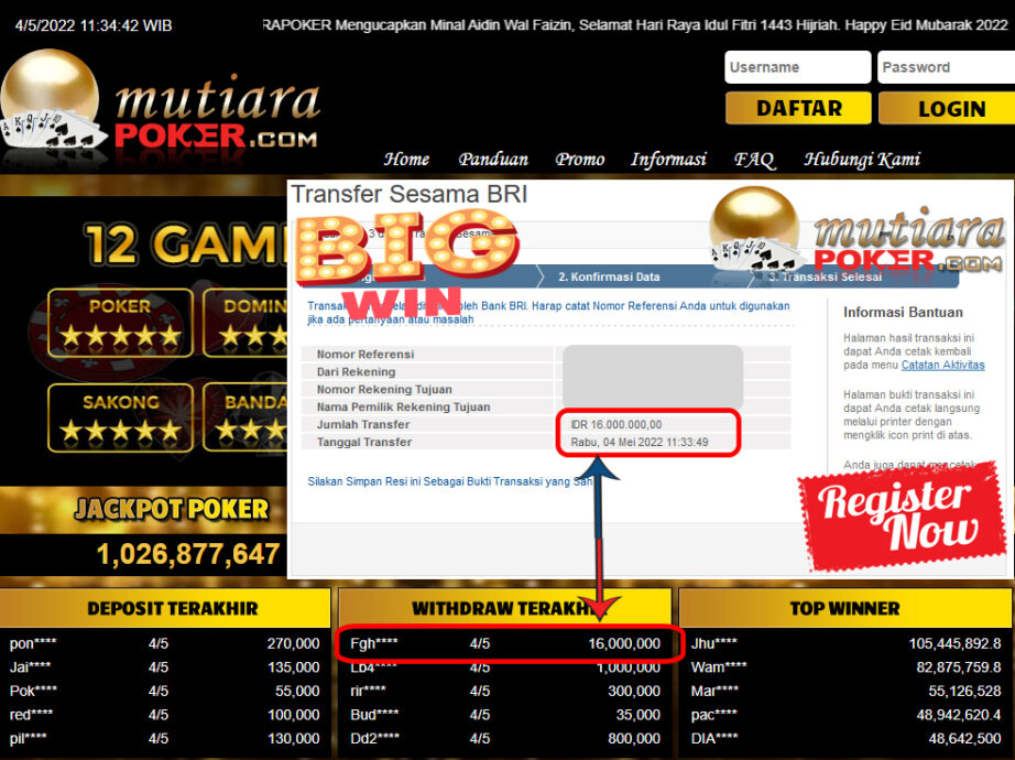 Bukti Withdraw ( 16.000.000.- ) Member Setia Mutiarapoker