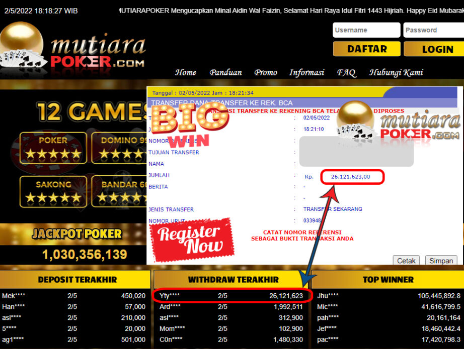 Bukti Withdraw ( 26.121.623.- ) Member Setia Mutiarapoker