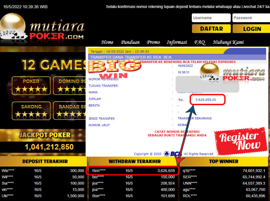 Bukti Withdraw ( 3.626.659.- ) Member Setia Mutiarapoker