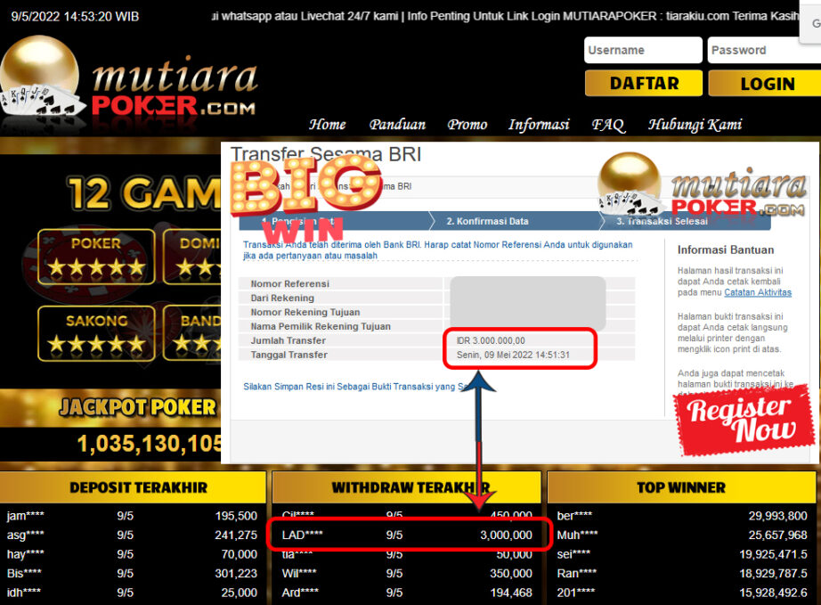 Bukti Withdraw ( 3.000.000.- ) Member Setia Mutiarapoker