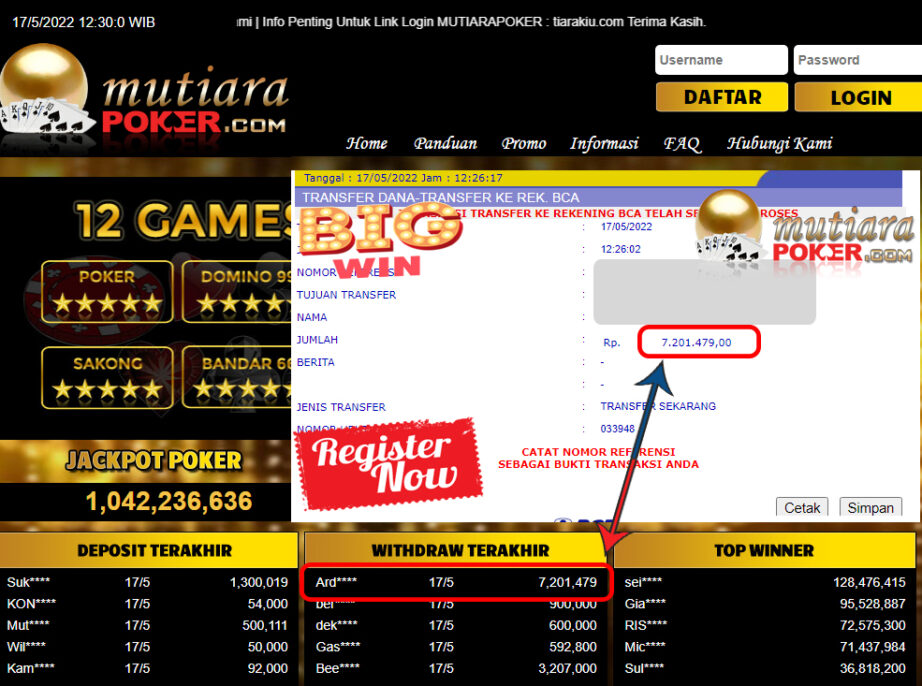 Bukti Withdraw ( 7.201.479.- ) Member Setia Mutiarapoker