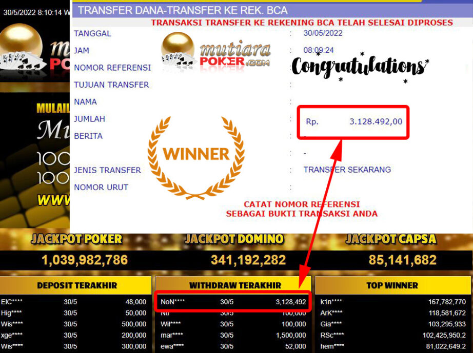 Bukti Withdraw ( 3.128.492.- ) Member Setia Mutiarapoker