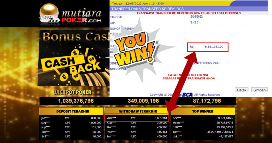 Bukti Withdraw ( 8.881.381.- ) Member Setia Mutiarapoker