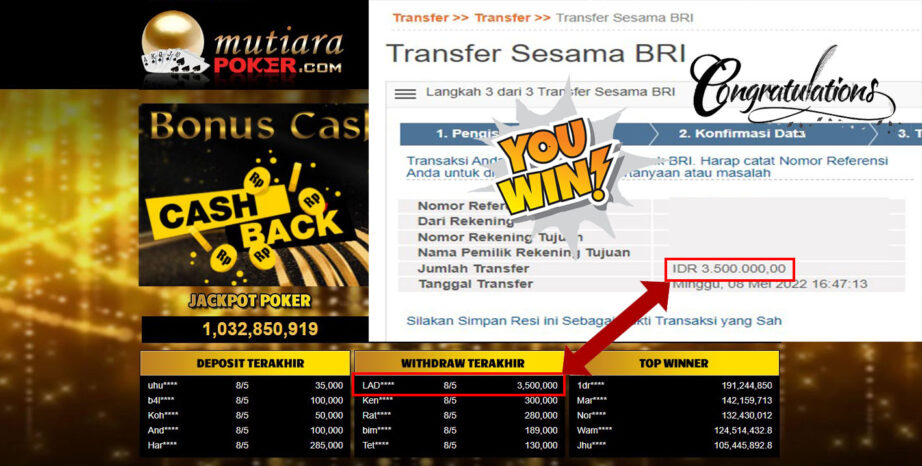 Bukti Withdraw ( 3.500.000.- ) Member Setia Mutiarapoker