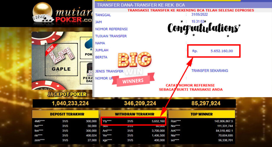 Bukti Withdraw ( 5.652.160.- ) Member Setia Mutiarapoker