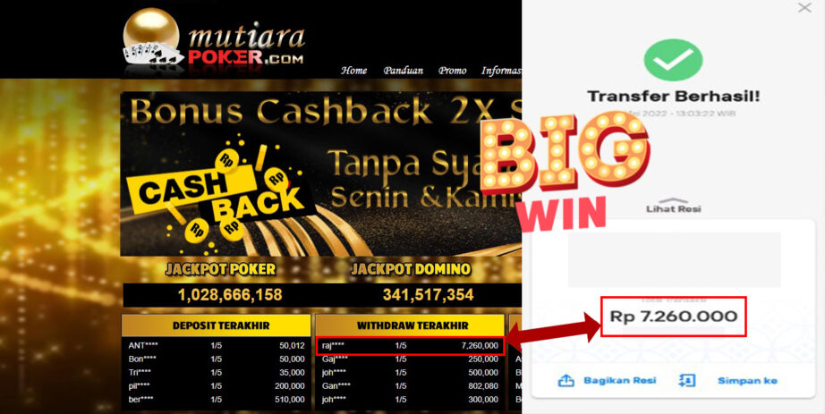 Bukti Withdraw ( 7.260.000.- ) Member Setia Mutiarapoker