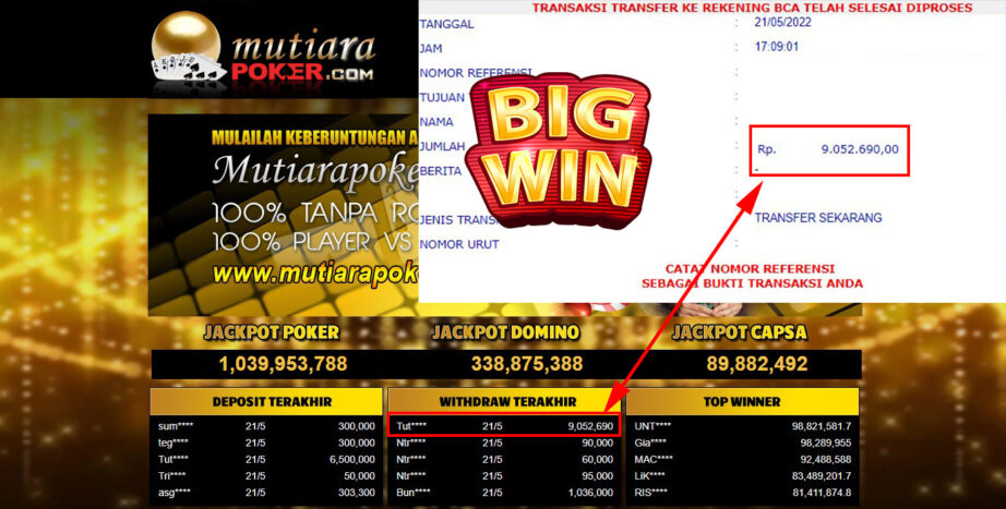 Bukti Withdraw ( 9.052.690.- ) Member Setia Mutiarapoker