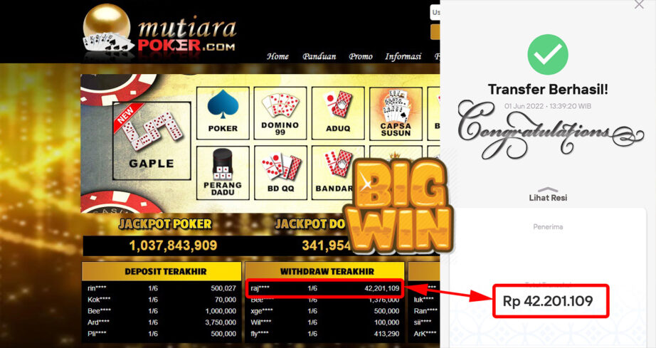 Bukti Withdraw ( 42.201.109.- ) Member Setia Mutiarapoker