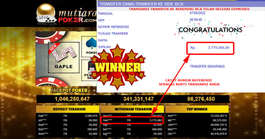 Bukti Withdraw (3.775.065.- ) Member Setia Mutiarapoker