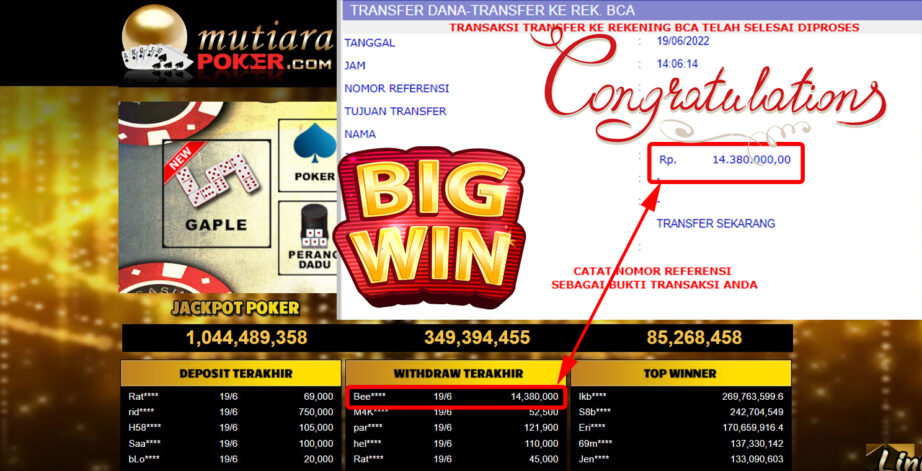 Bukti Withdraw ( 14.380.000.- ) Member Setia Mutiarapoker