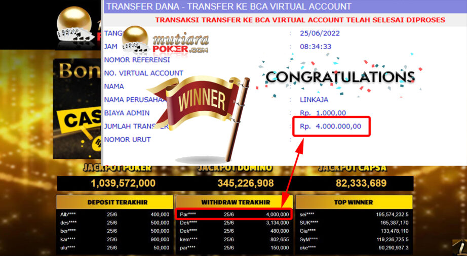 Bukti Withdraw (4.000.000.- ) Member Setia Mutiarapoker