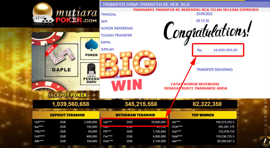 Bukti Withdraw (16.000.000.- ) Member Setia Mutiarapoker