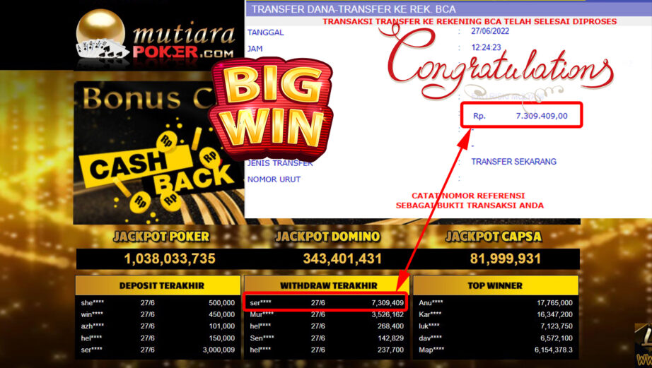 Bukti Withdraw (7.309.409.- ) Member Setia Mutiarapoker