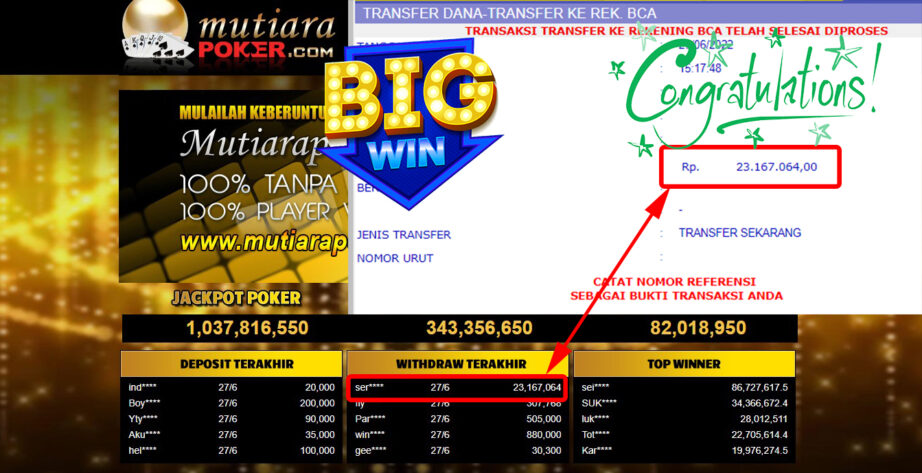 Bukti Withdraw (23.167.064.- ) Member Setia Mutiarapoker