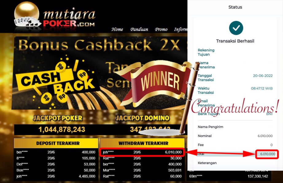 Bukti Withdraw (6.010.000.- ) Member Setia Mutiarapoker