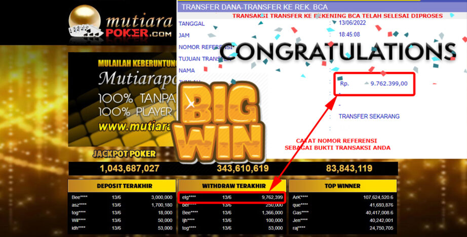 Bukti Withdraw (9.762.399.- ) Member Setia Mutiarapoker