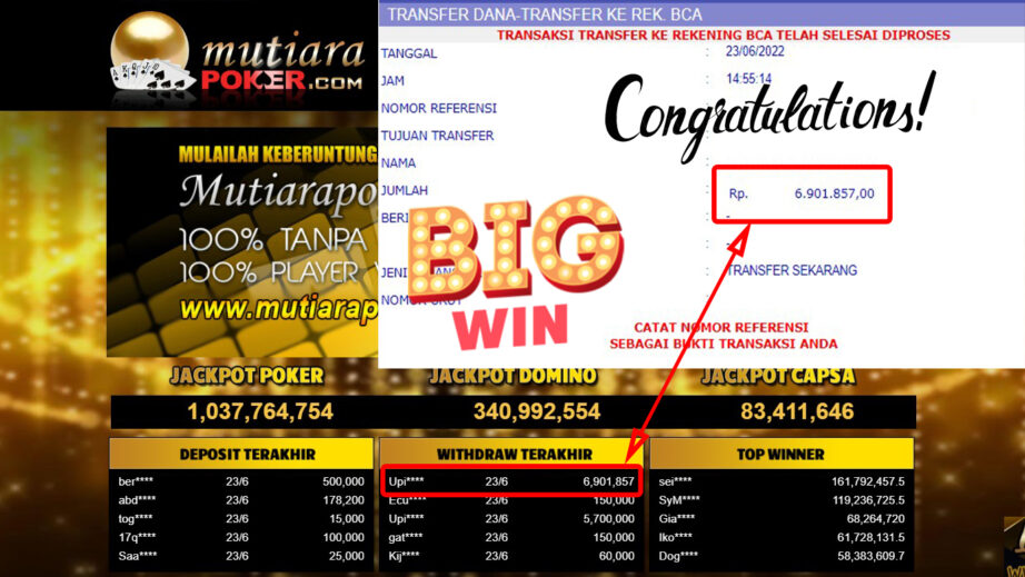 Bukti Withdraw (6.901.857.- ) Member Setia Mutiarapoker