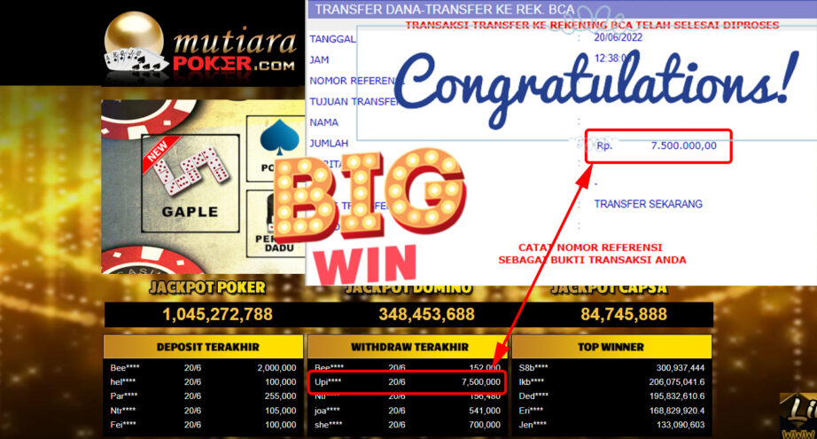 Bukti Withdraw (7.500.000.- ) Member Setia Mutiarapoker