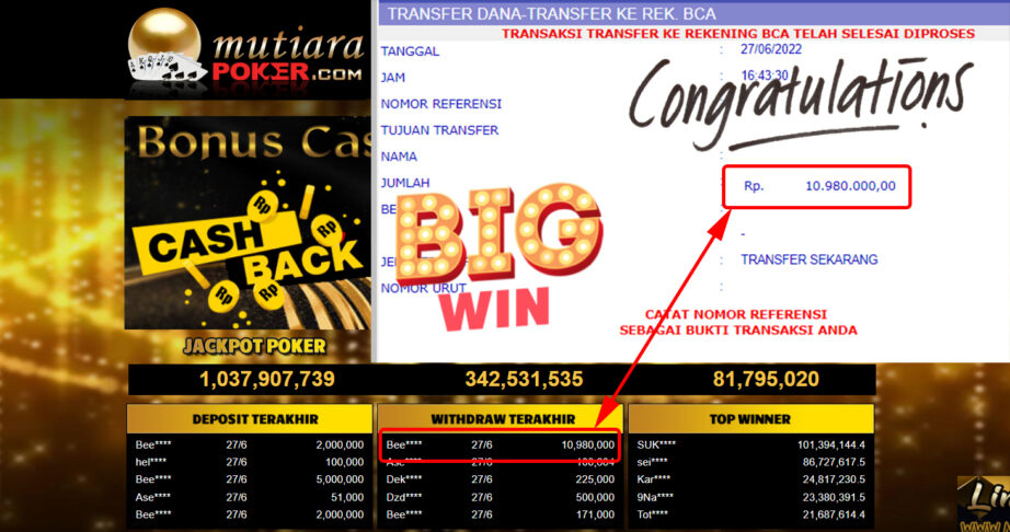 Bukti Withdraw (10.980.000.- ) Member Setia Mutiarapoker