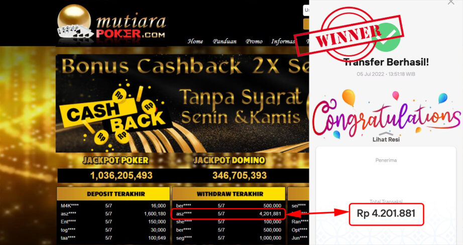 Bukti Withdraw (4.201.881.- ) Member Setia Mutiarapoker