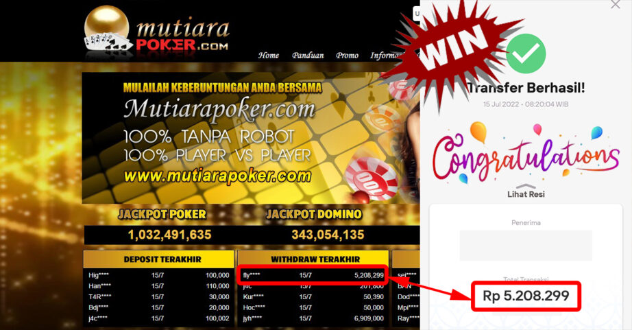 Bukti Withdraw (5.208.299.- ) Member Setia Mutiarapoker