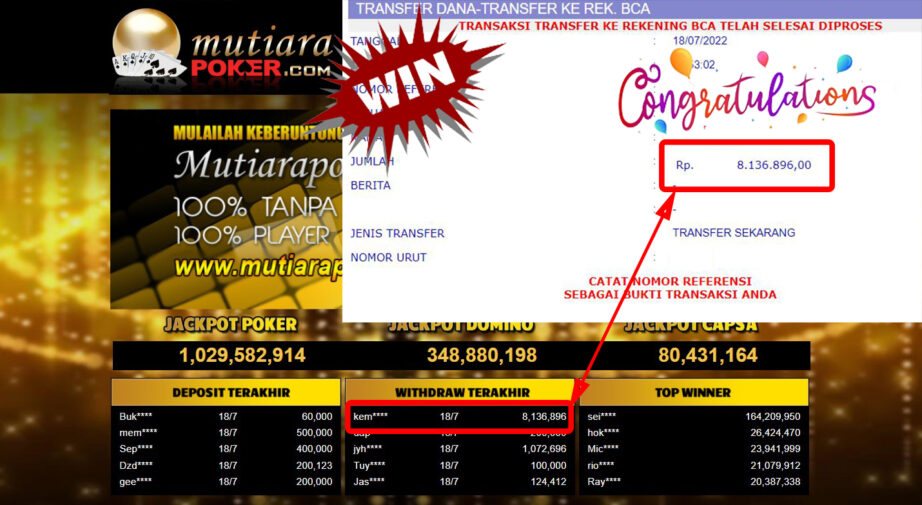 Bukti Withdraw (8.136.896.- ) Member Setia Mutiarapoker