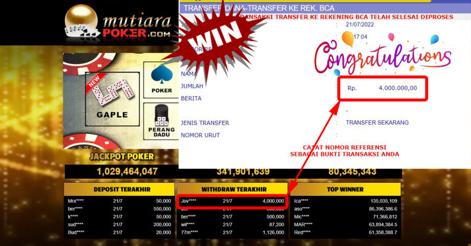 Bukti Withdraw (4.000.000.- ) Member Setia Mutiarapoker