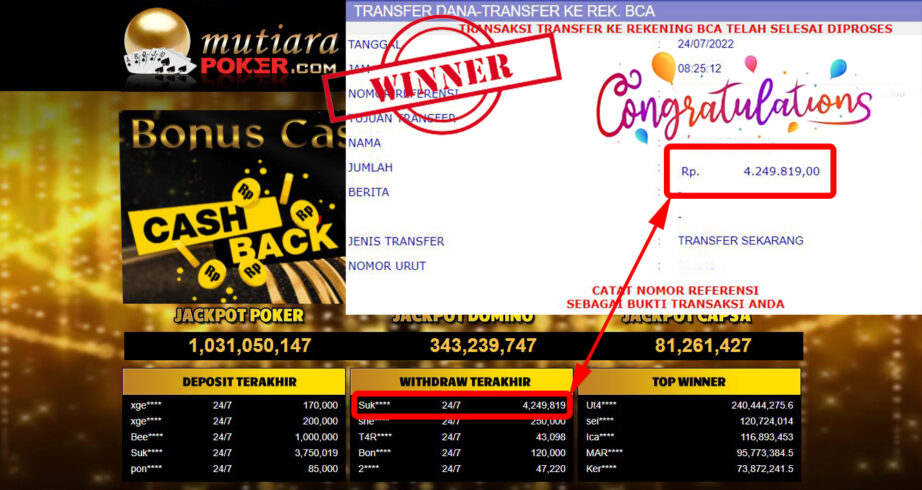 Bukti Withdraw ( 4.249.819.- ) Member Setia Mutiarapoker