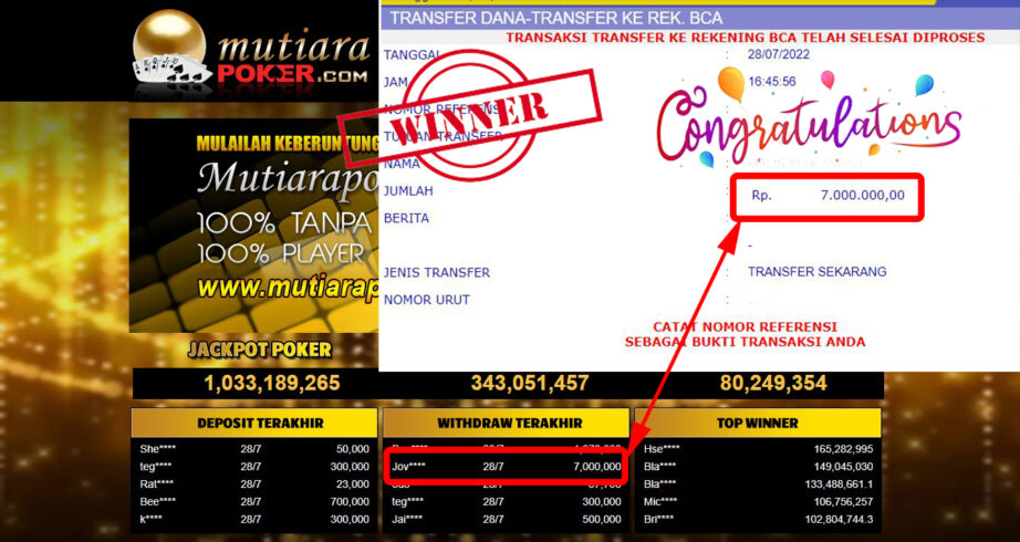 Bukti Withdraw ( 7.000.000.- ) Member Setia Mutiarapoker