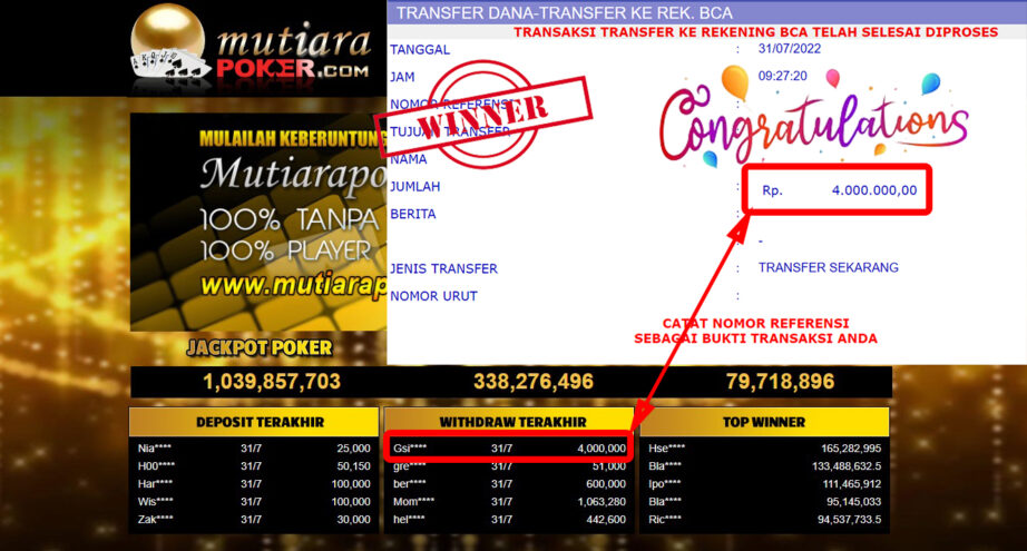 Bukti Withdraw ( 4.000.000.- ) Member Setia Mutiarapoker