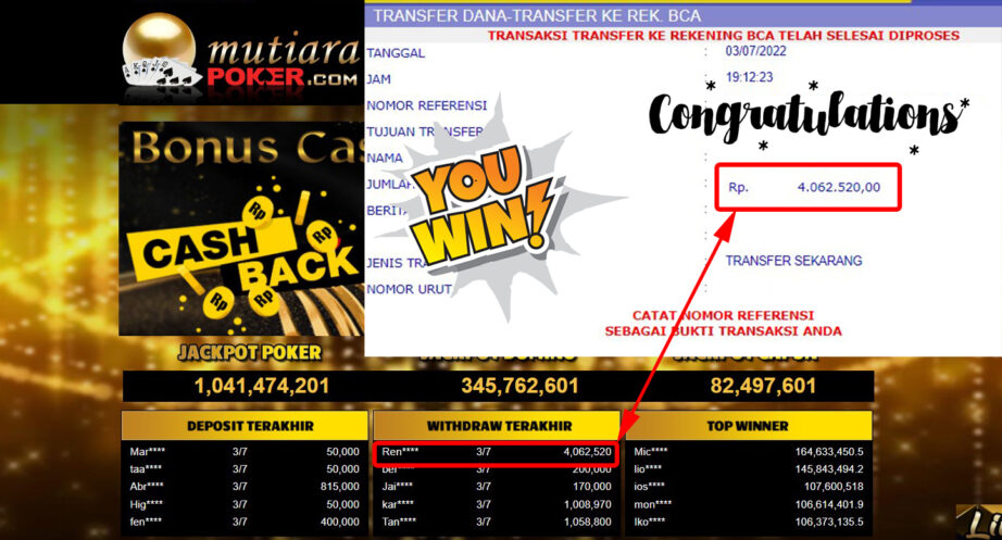 Bukti Withdraw (4.062.520.- ) Member Setia Mutiarapoker