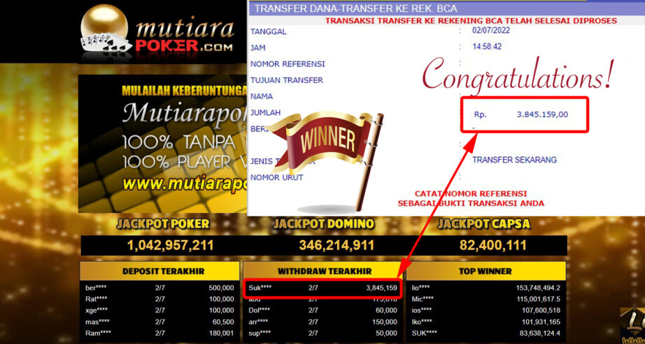 Bukti Withdraw (3.845.159.- ) Member Setia Mutiarapoker