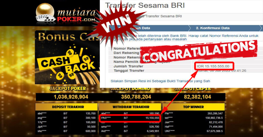 Bukti Withdraw ( 15.155.555.- ) Member Setia Mutiarapoker