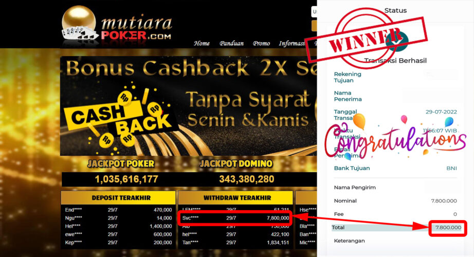 Bukti Withdraw ( 7.800.000.- ) Member Setia Mutiarapoker