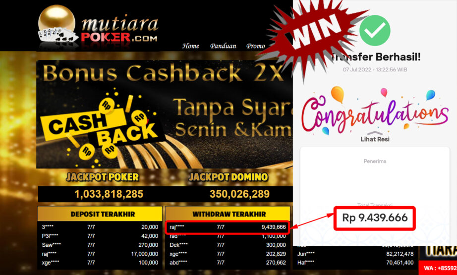 Bukti Withdraw (9.439.666.- ) Member Setia Mutiarapoker