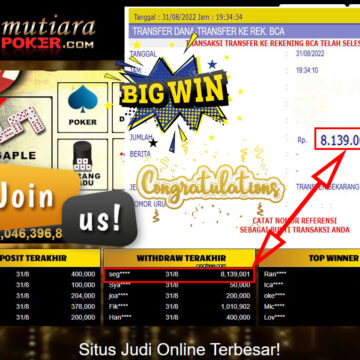 Bukti Withdraw (8.139.001,- ) Member Setia Mutiarapoker