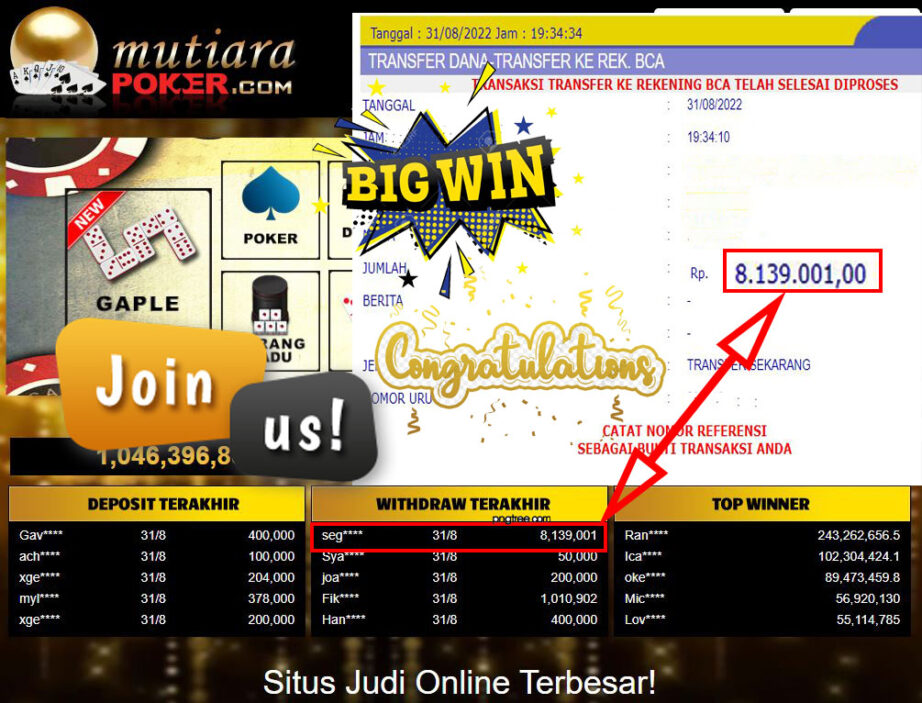 Bukti Withdraw (8.139.001,- ) Member Setia Mutiarapoker