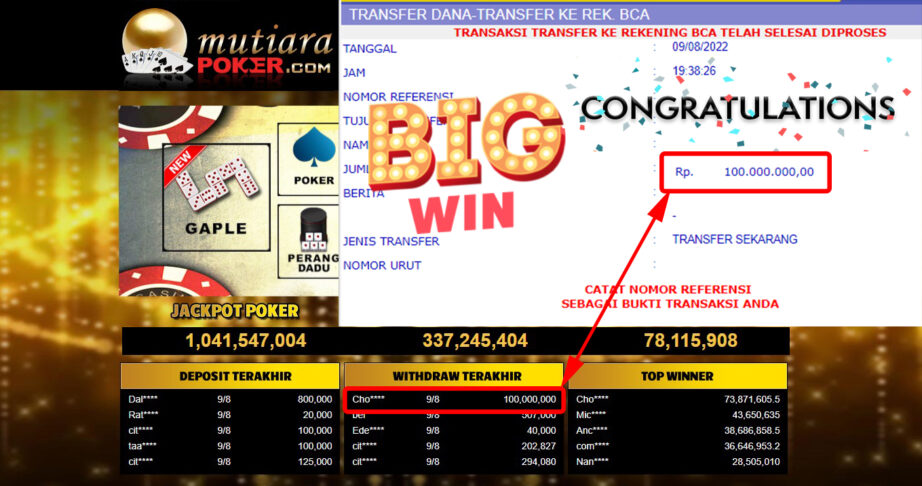 Bukti Withdraw ( 100.000.000..- ) Member Setia Mutiarapoker