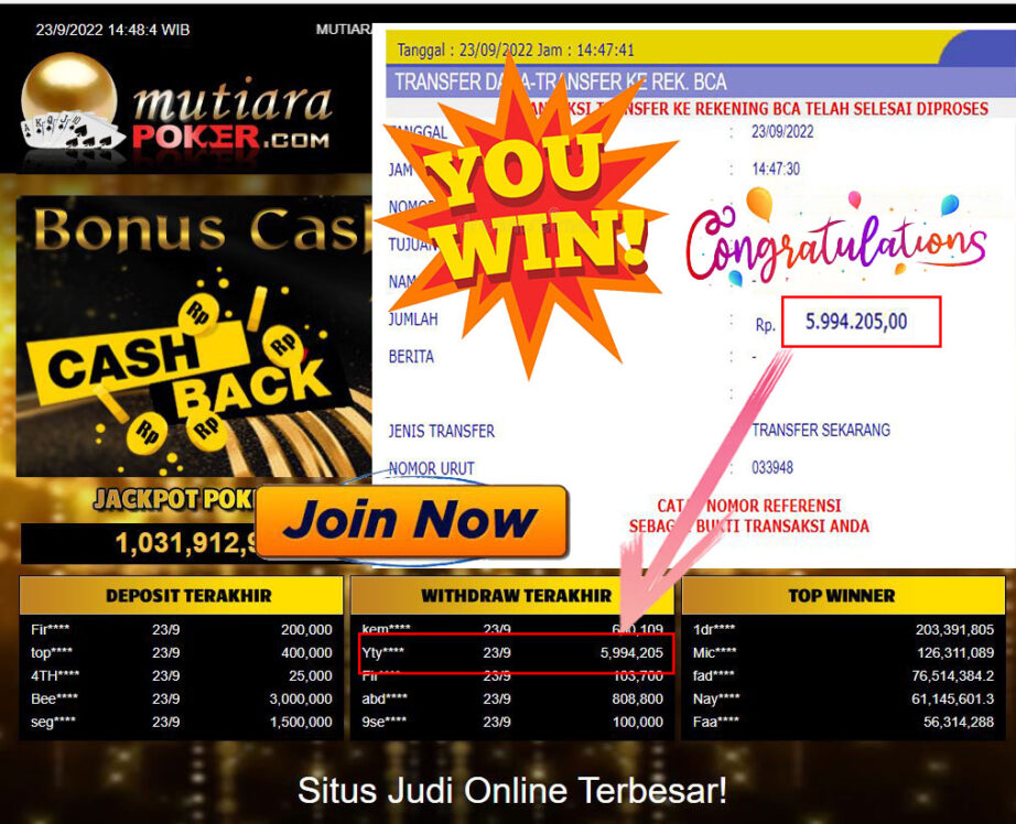 Bukti Withdraw (5.994.205- ) Member Setia Mutiarapoker