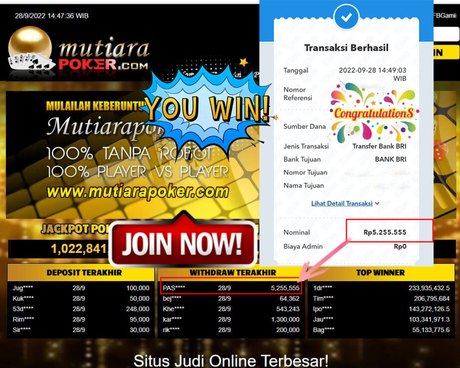 Bukti Withdraw (5.255.555- ) Member Setia Mutiarapoker