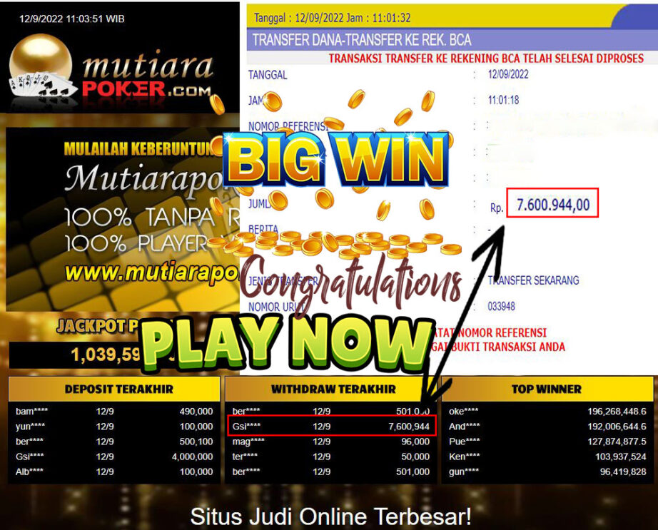 Bukti Withdraw (7.600.944,- ) Member Setia Mutiarapoker