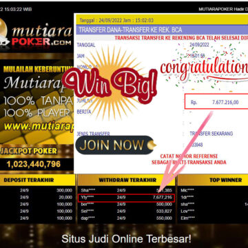 Bukti Withdraw (7.677.216- ) Member Setia Mutiarapoker