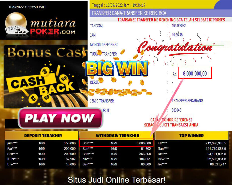 Bukti Withdraw (8.000.000,- ) Member Setia Mutiarapoker