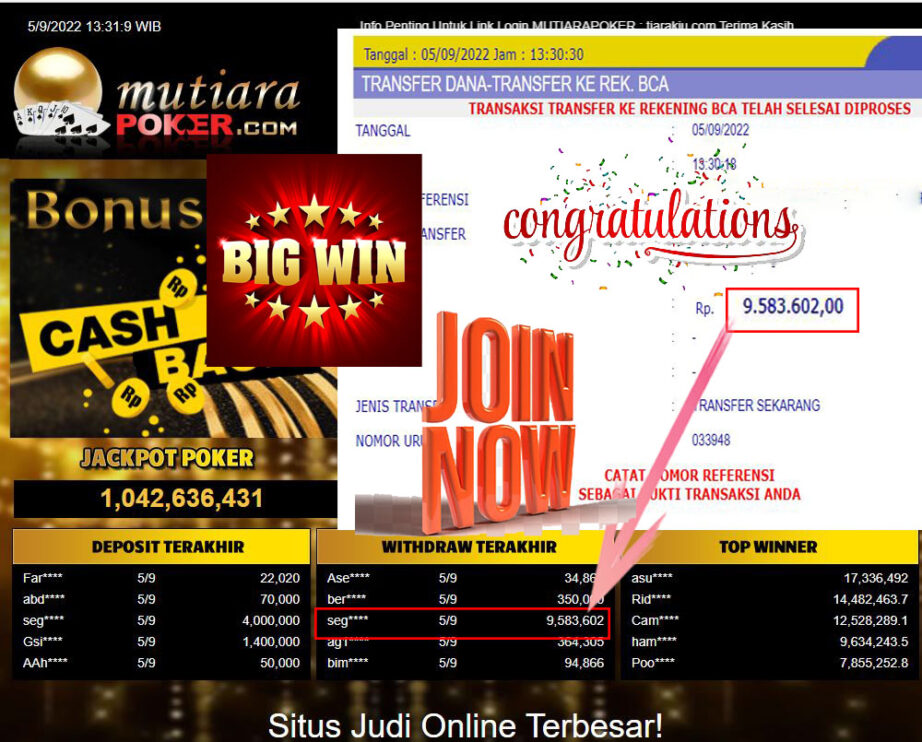 Bukti Withdraw (9.583.602,- ) Member Setia Mutiarapoker