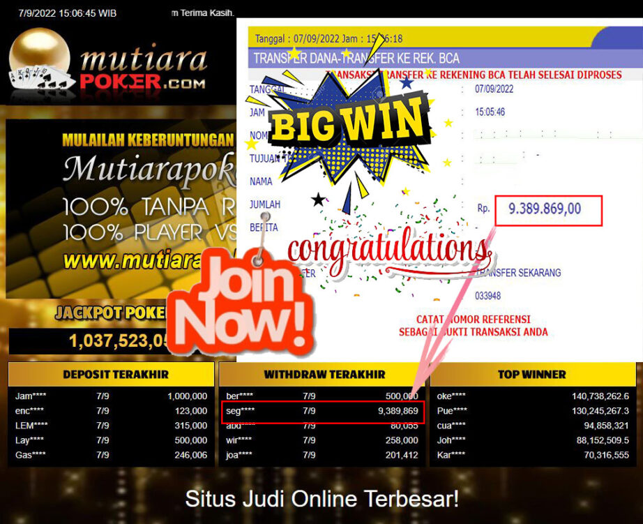 Bukti Withdraw (9.389.869,- ) Member Setia Mutiarapoker