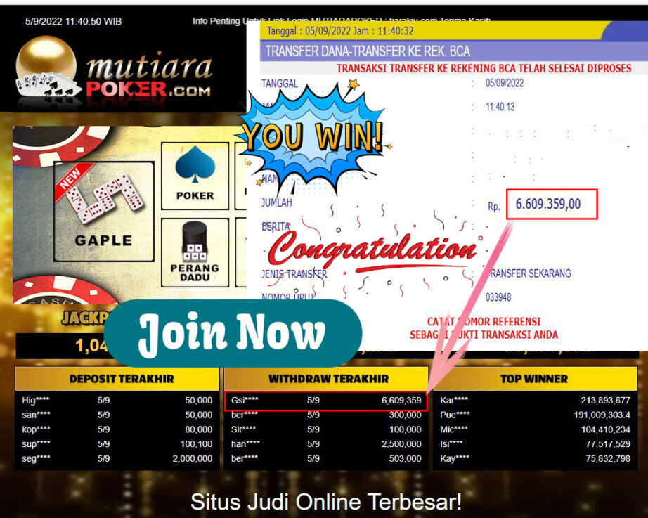 Bukti Withdraw (6.609.359,- ) Member Setia Mutiarapoker