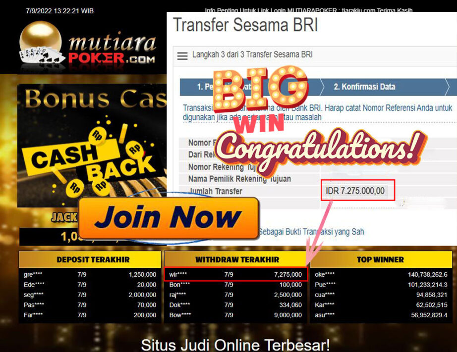 Bukti Withdraw (7.275.000,- ) Member Setia Mutiarapoker