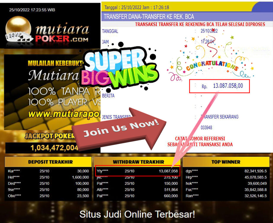 Bukti Withdraw (13.087.058- ) Member Setia Mutiarapoker